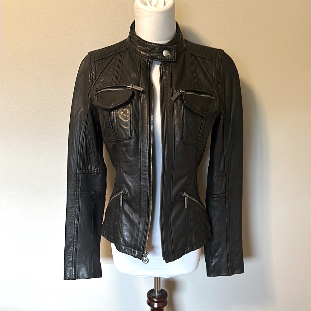Michael Kors Black Leather Jacket Asymmetrical Zipper